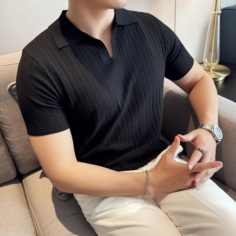 Olan - Gestreept poloshirt met V-hals voor heren