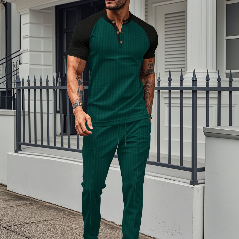 Heren Lounge Set – Knoopshirt met Wafeltextuur Broek