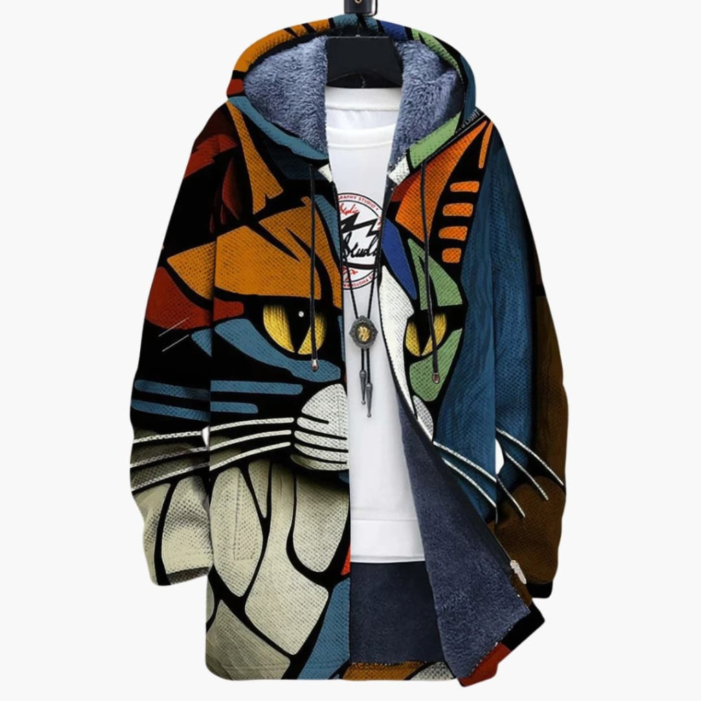 Unisex cardigan met capuchon, rits en kattenprint