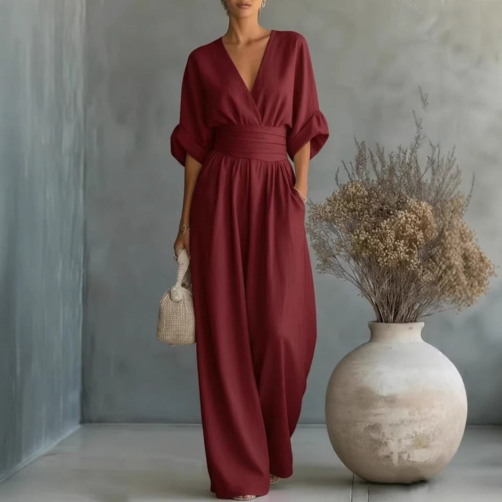 Summer Short-sleeved Jumpsuit Fashion Casual V-Neck Wide-Leg Pants Womens Clothing