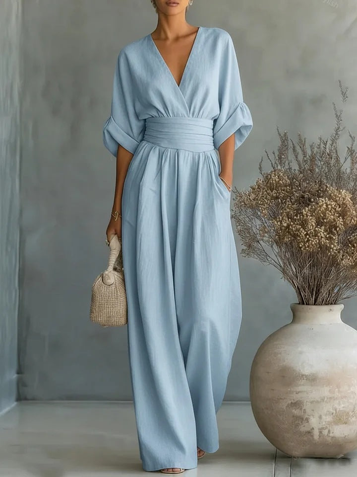 Elegante damesjumpsuit met V-hals en wijd uitlopende pijpen met hoge taille