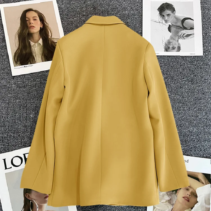 Lange Dames Blazer met Gouden Knopen & Dubbele Sluiting damespak kantoorpak vrouwenpak