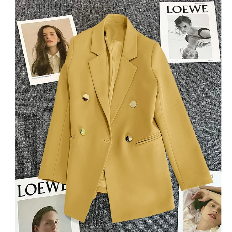 Lange Dames Blazer met Gouden Knopen & Dubbele Sluiting damespak kantoorpak vrouwenpak