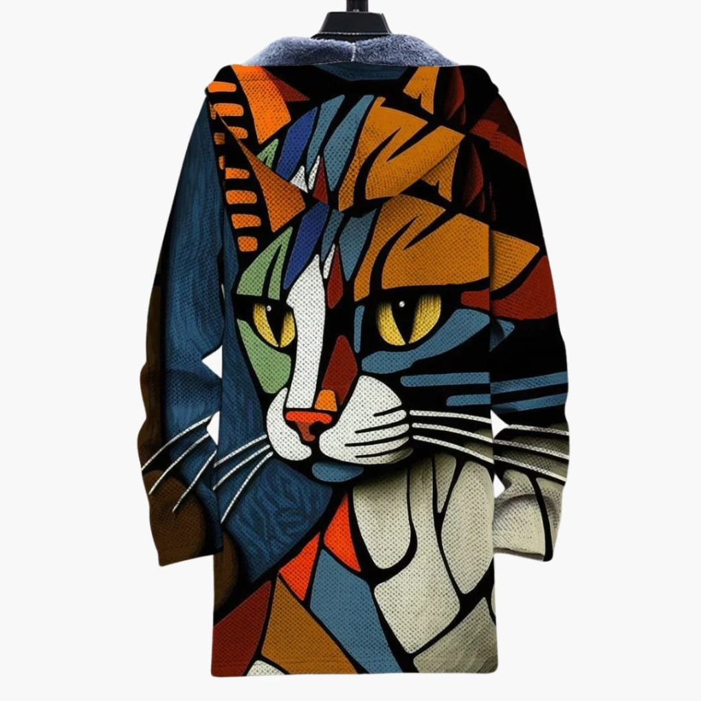 Unisex cardigan met capuchon, rits en kattenprint