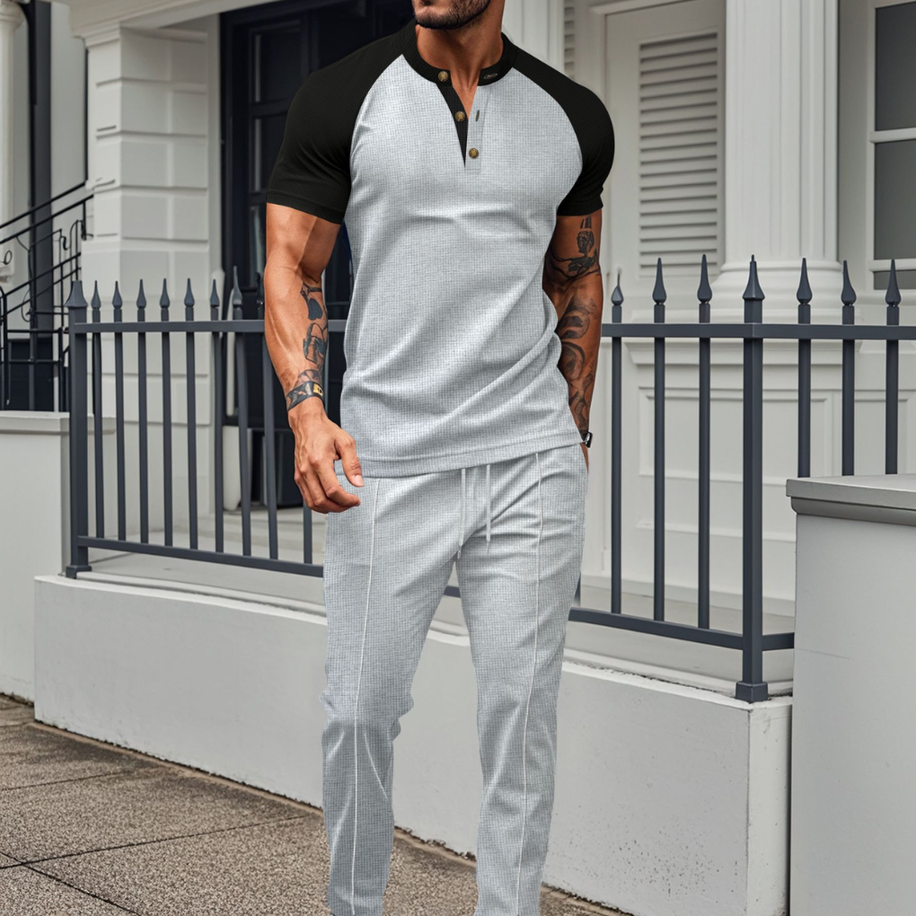 Heren Lounge Set – Knoopshirt met Wafeltextuur Broek