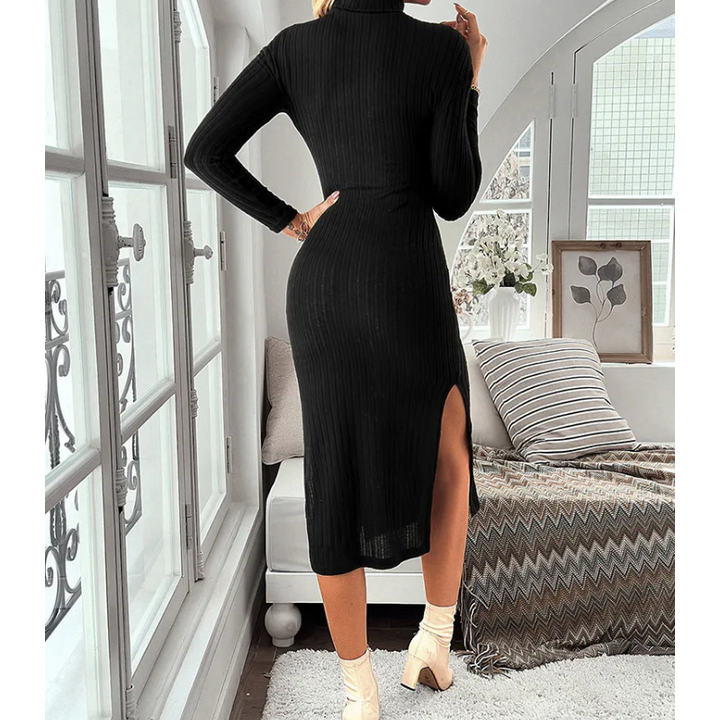 MoaLina - Slim-fit Coltrui Jurk Dames split open been coltrui lange mouwen