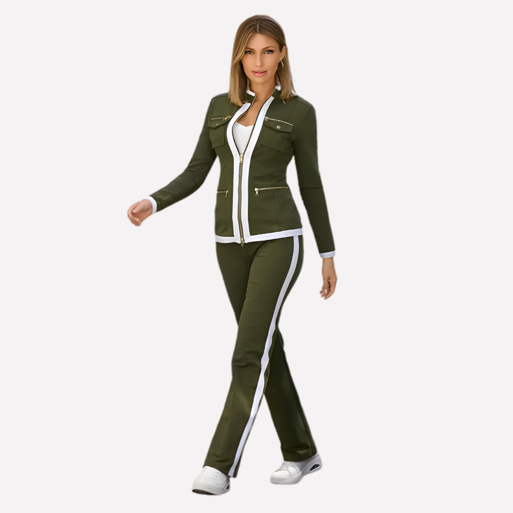 Dames set met ritsjack en broek, contrasterende afwerking