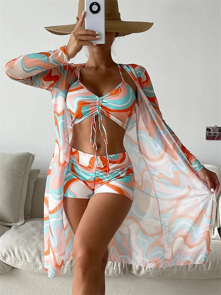 Hoymans AquaLuxe – Women's High Waist Long Sleeve Three-Piece Bikini Set