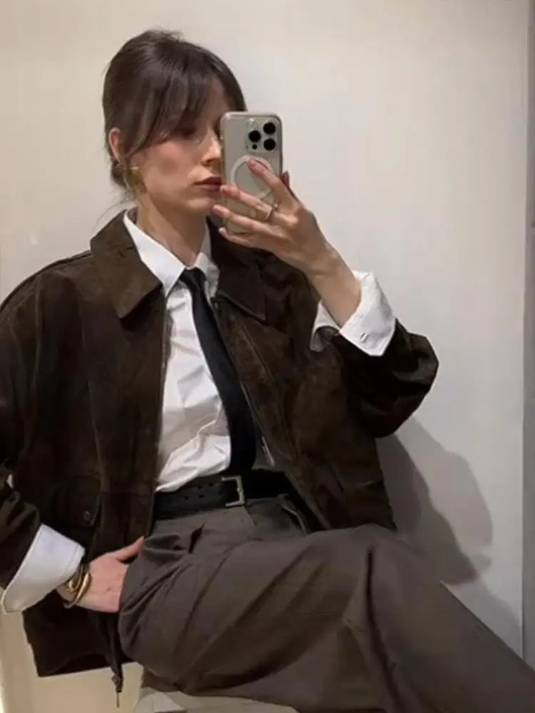 Suède Look Jas met Rits en Reverskraag