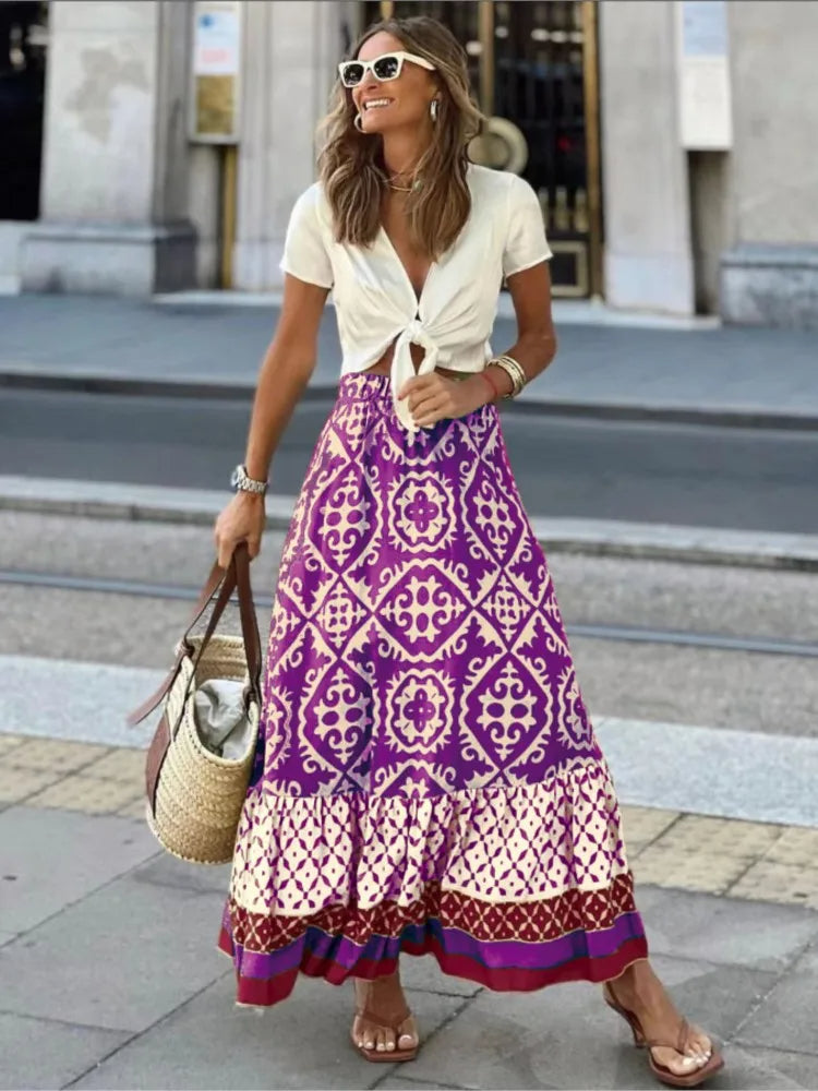 Lange boho-rok met elastische taille voor dames