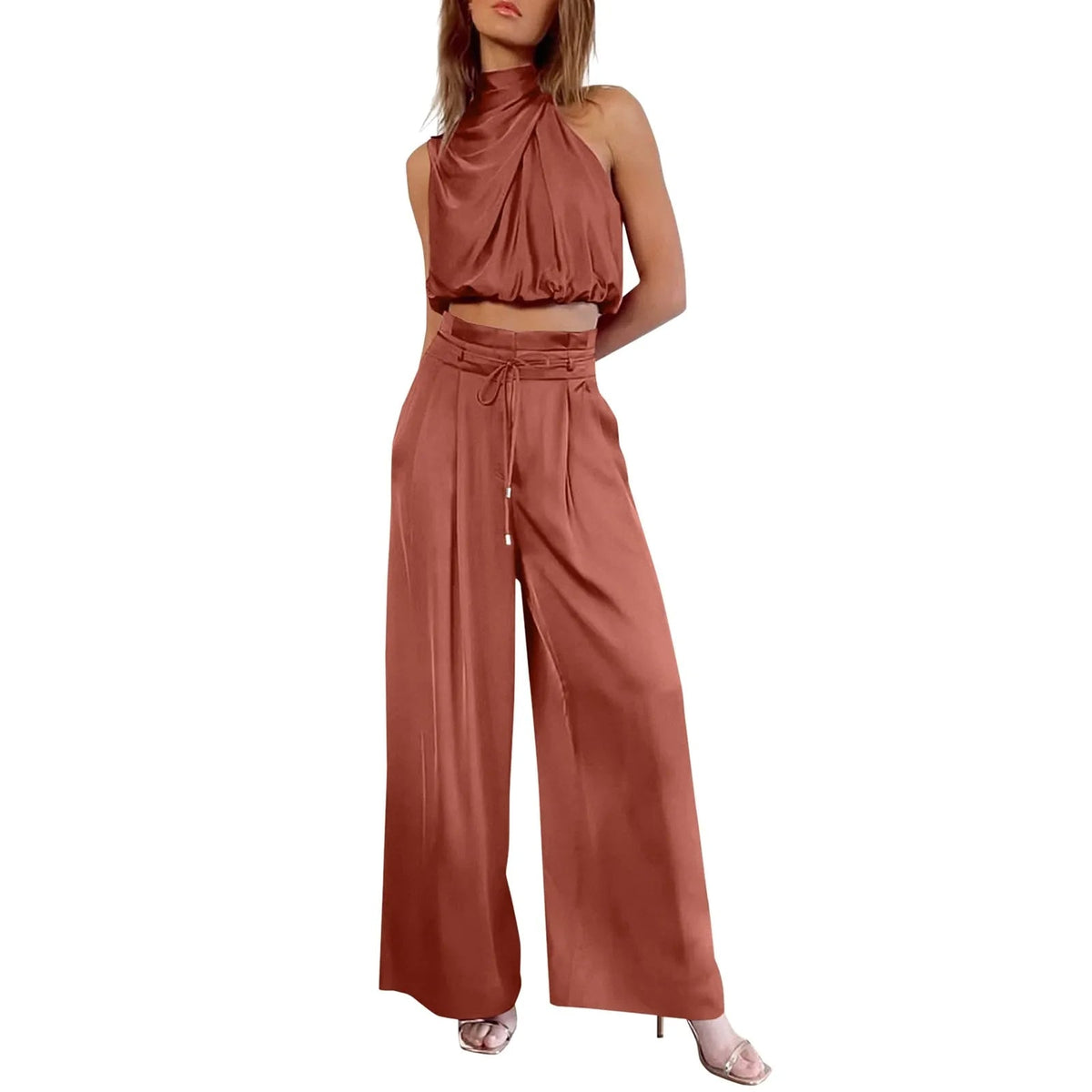 2-delige zomerset met crop top en wijde broek