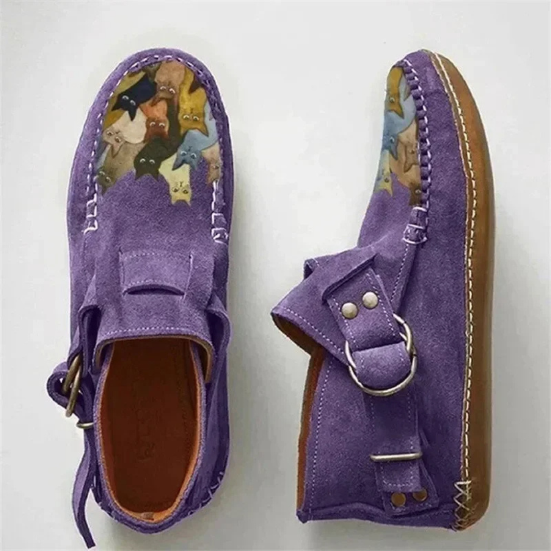 FelinStep – Comfortabele Leren Enkelboots met Kattenprint