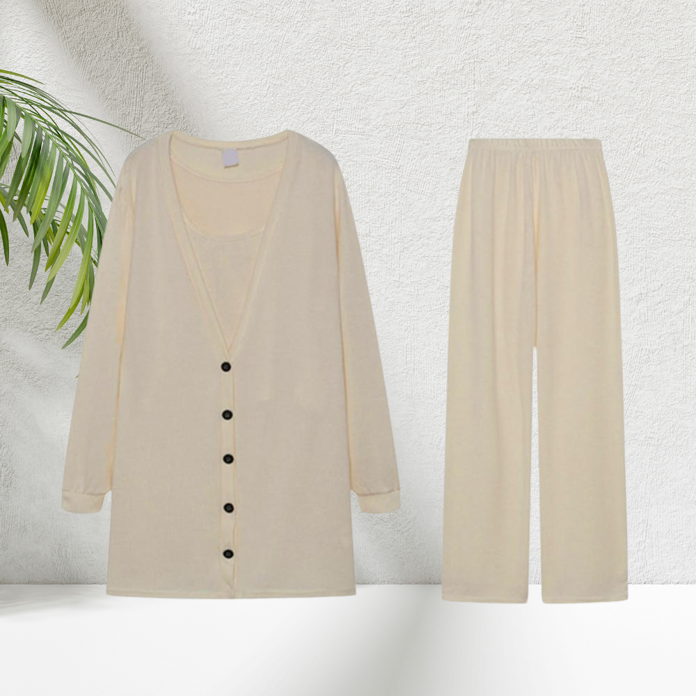 Milou - gebreid damespak in 3-delige set – top, broek en vest
