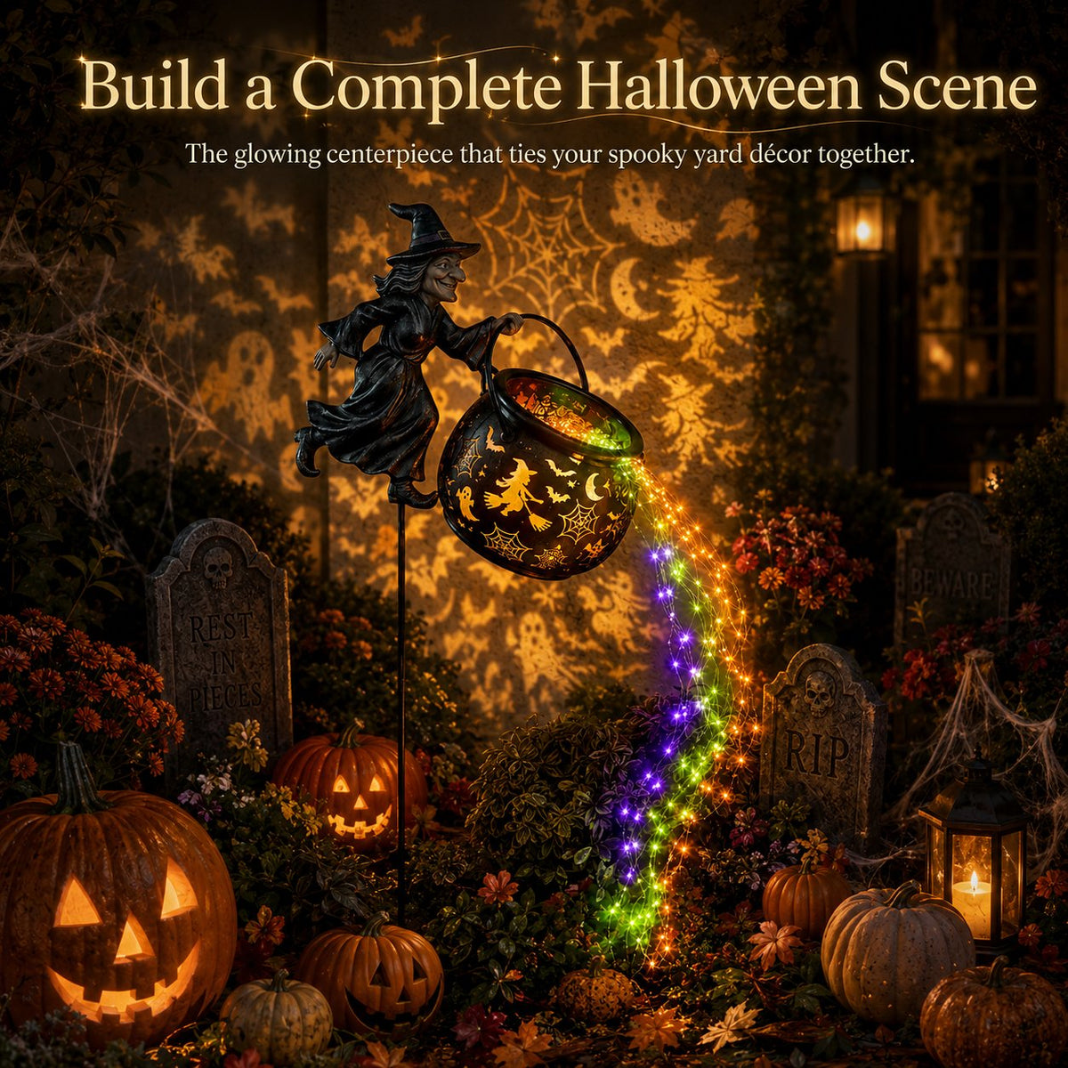 Halloween heksenketel-tuinlamp met kleurrijk licht en griezelige projecties