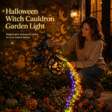 Halloween heksenketel-tuinlamp met kleurrijk licht en griezelige projecties