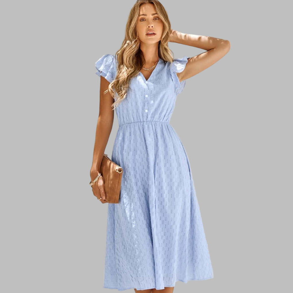 Dames geplooide midi-jurk met V-hals