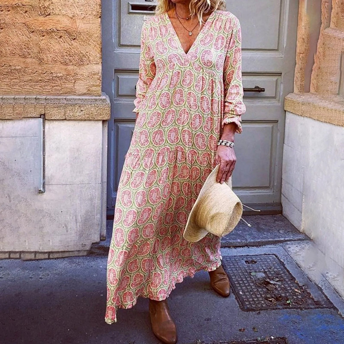 Maxi zomerjurk met geometrische print en boho-uitstraling