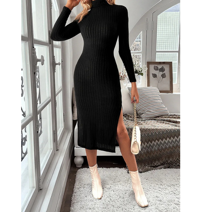 MoaLina - Slim-fit Coltrui Jurk Dames split open been coltrui lange mouwen