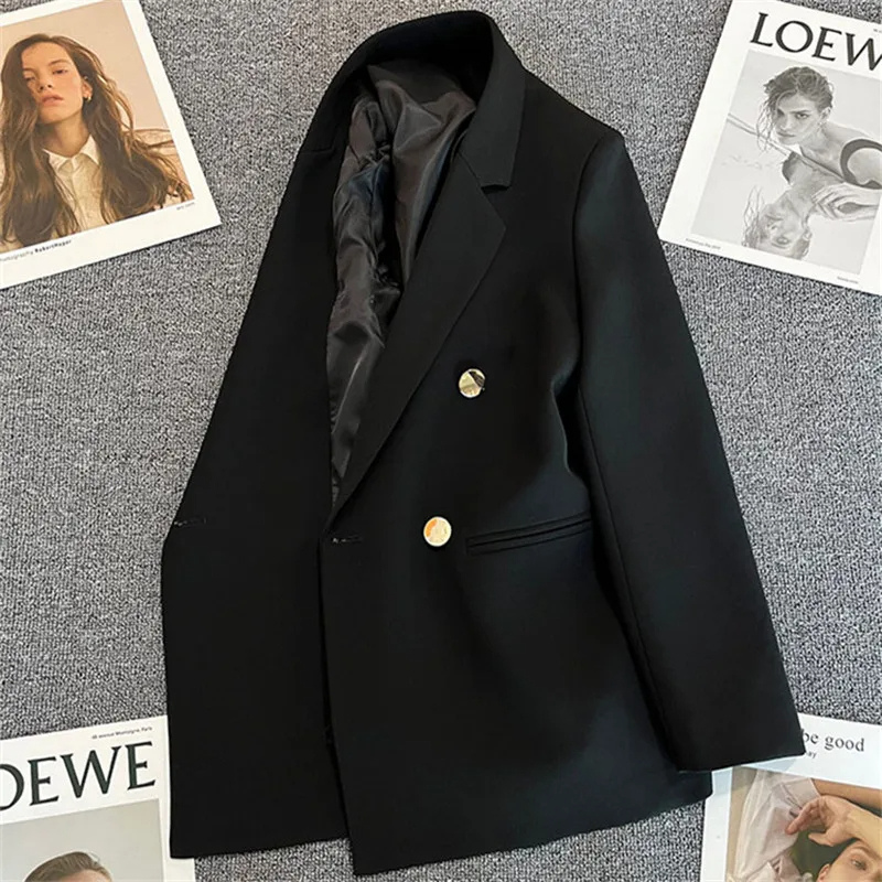 Lange Dames Blazer met Gouden Knopen & Dubbele Sluiting damespak kantoorpak vrouwenpak