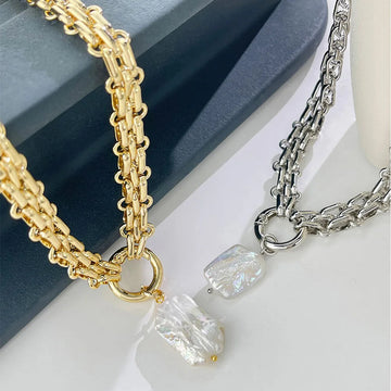 LuxePearl – Barok Zoetwaterparel Ketting met Goud-Zilveren Schakel