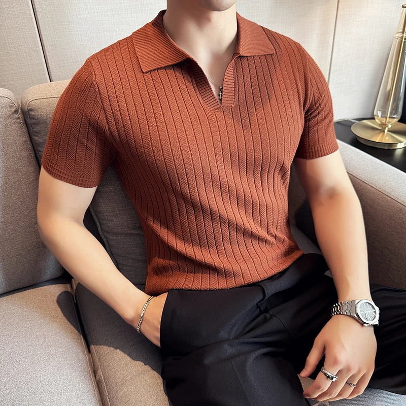 Olan - Gestreept poloshirt met V-hals voor heren
