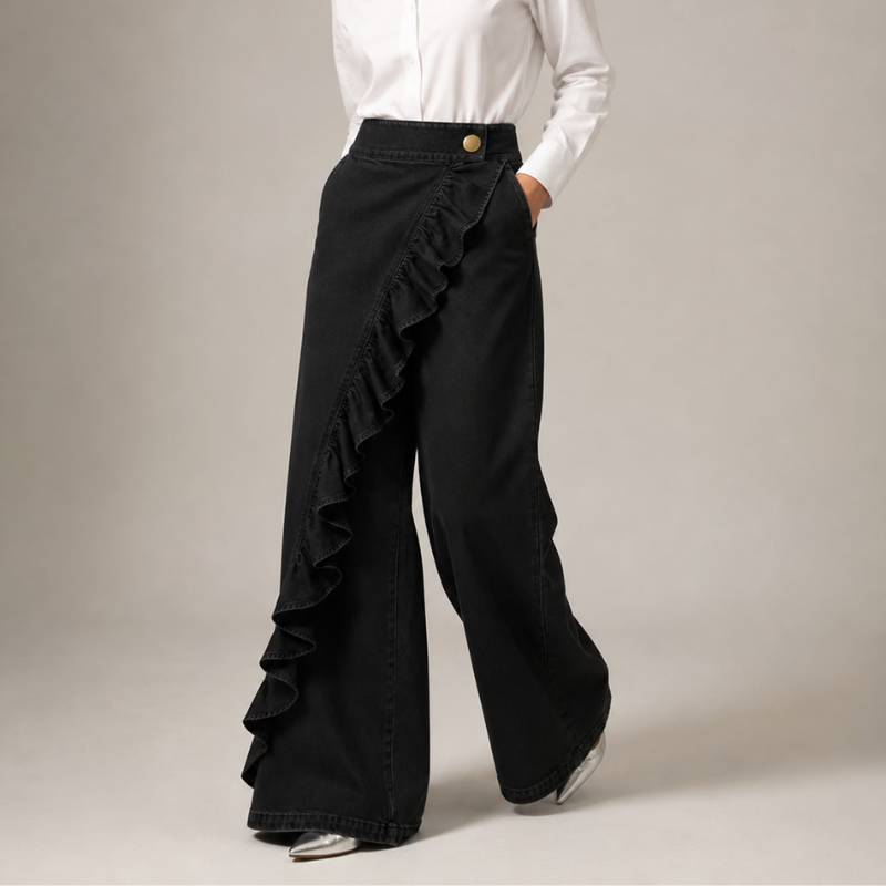 Wijde dames-jeansbroek met asymmetrische volant in culotte-stijl.