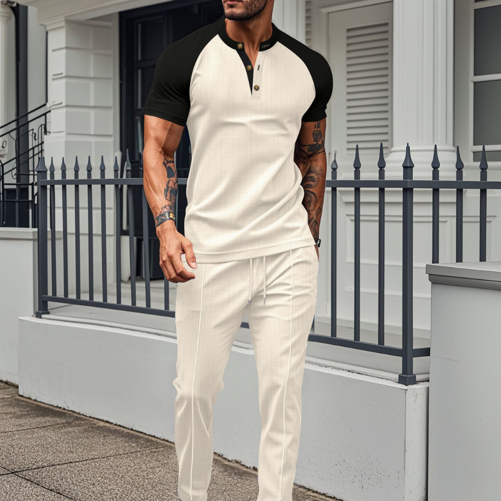 Heren Lounge Set – Knoopshirt met Wafeltextuur Broek