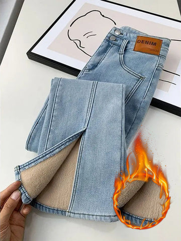 Trendy Denim Broek Met Fluweel Gevoerde Binnenkant Voor Dames - Vaquerois
