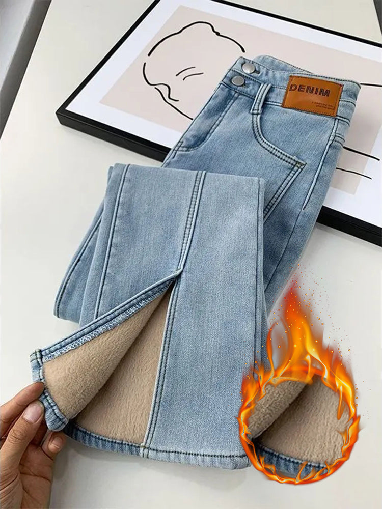 Trendy Denim Broek Met Fluweel Gevoerde Binnenkant Voor Dames - Vaquerois