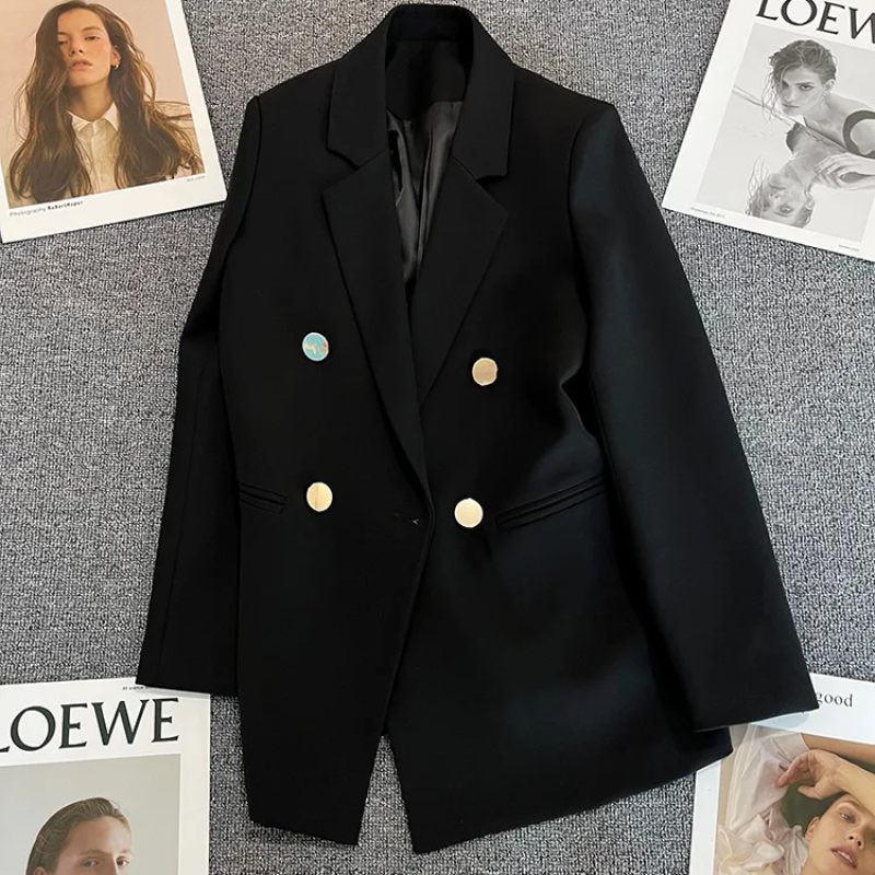 Lange Dames Blazer met Gouden Knopen & Dubbele Sluiting damespak kantoorpak vrouwenpak