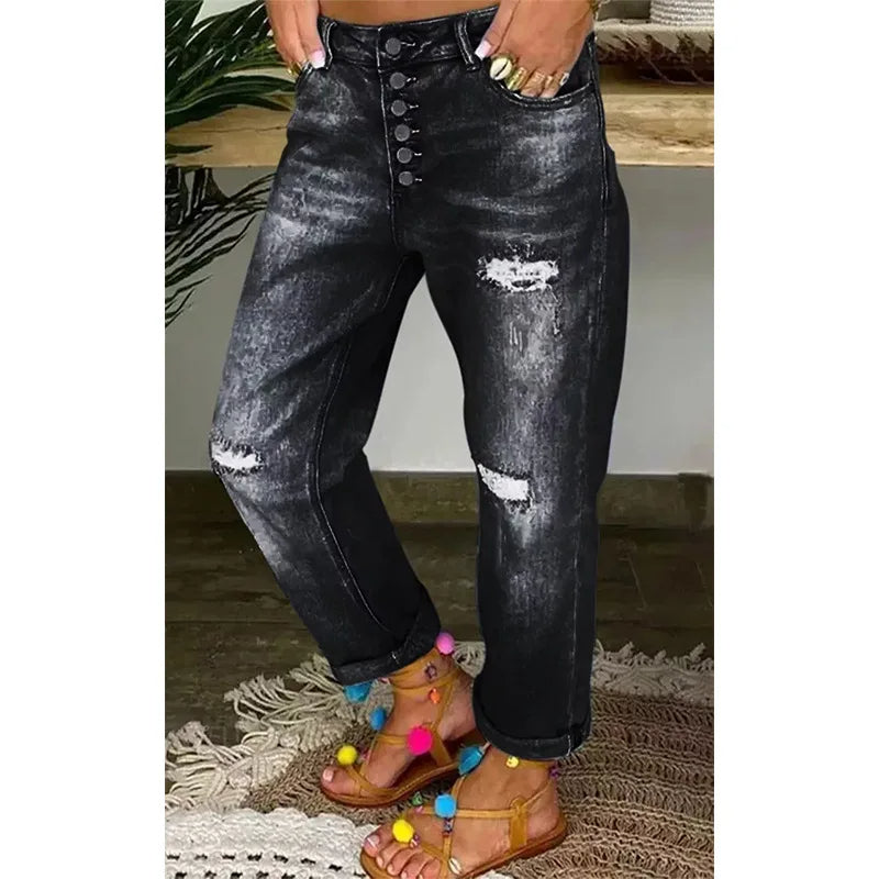 Low Waist Ripped Straight Leg Jeans voor Vrouwen