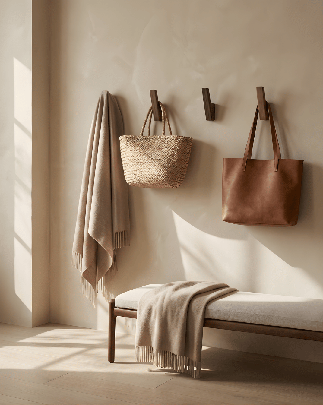 Houten kapstokhaken, set van 4 – minimalistische wandhaken voor hal en badkamer