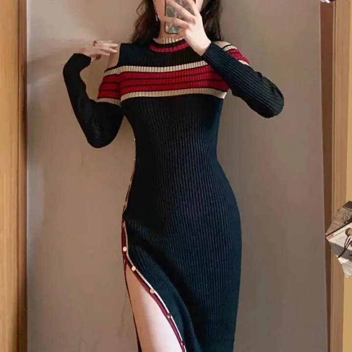 MoaLina - Ribgebreide Bodycon Jurk Met Open Been lange jurk open schouders open been lange mouwen strepen maxi jurk geribbeld