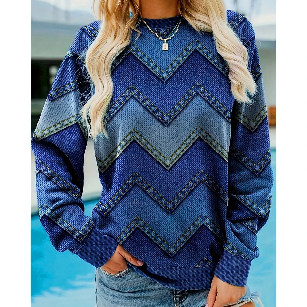 Geometrisch T-shirt met denimlook voor dames