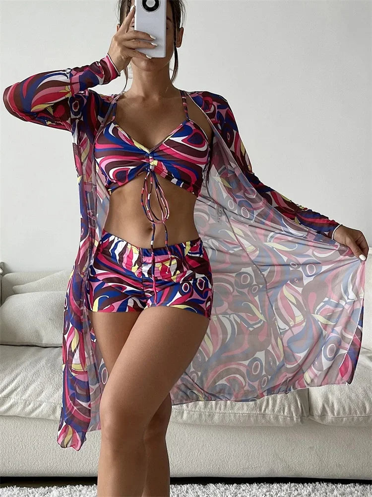 Hoymans AquaLuxe – Women's High Waist Long Sleeve Three-Piece Bikini Set