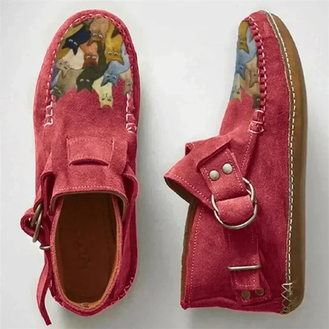 FelinStep – Comfortabele Leren Enkelboots met Kattenprint
