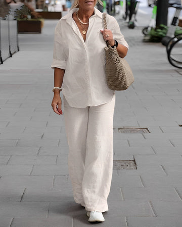 2-delige zomerset blouse broek oversized losse pijpen knopen zomer vrouwenset oudere vrouwen wit