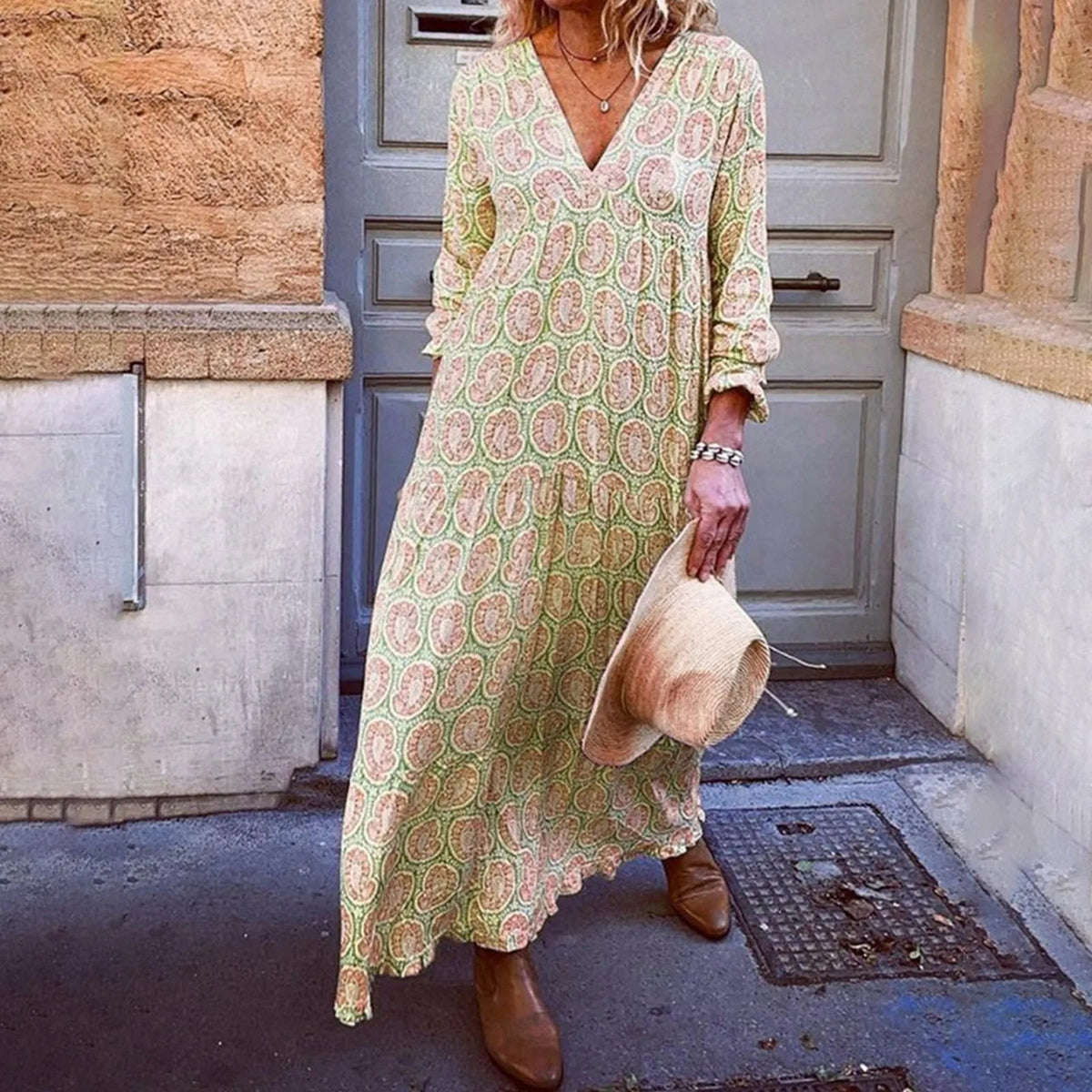Maxi zomerjurk met geometrische print en boho-uitstraling