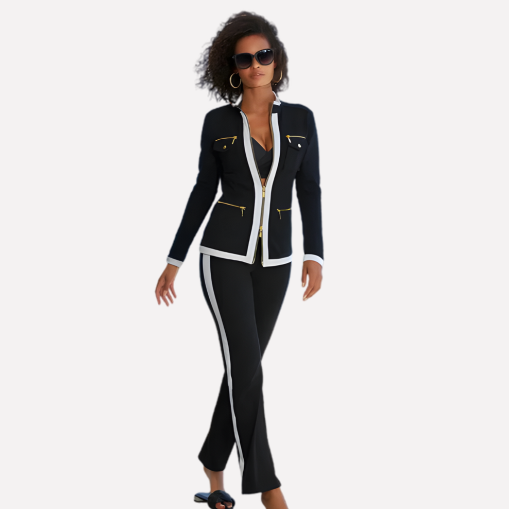 Dames set met ritsjack en broek, contrasterende afwerking