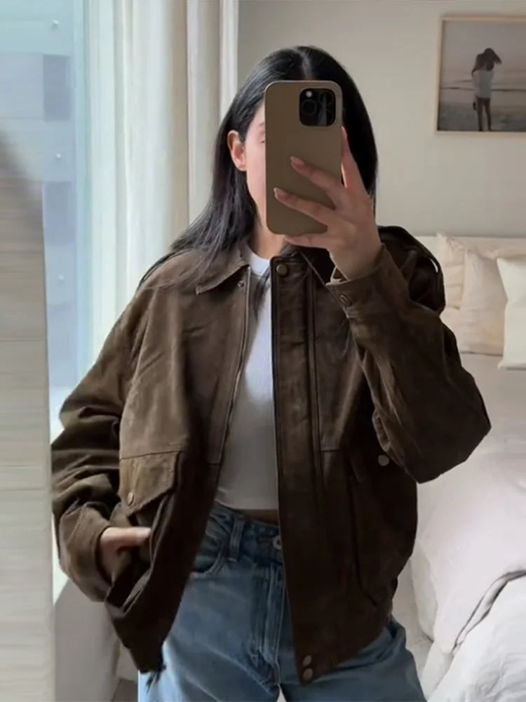 Suède Look Jas met Rits en Reverskraag