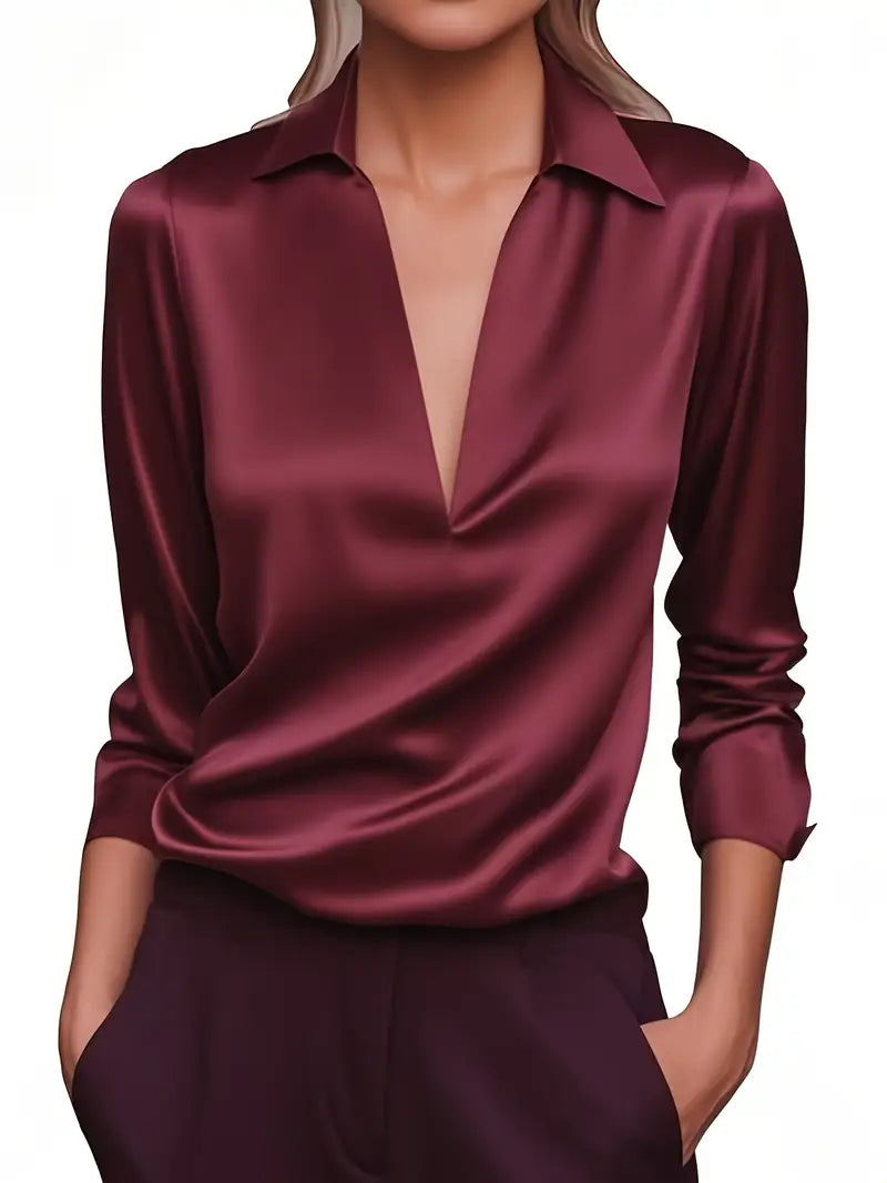 Satijnen blouse voor dames met V-hals en gedrapeerde kraag