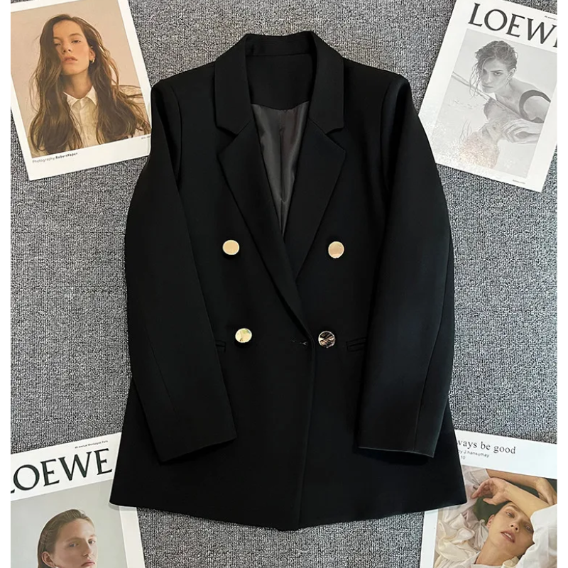 Lange Dames Blazer met Gouden Knopen & Dubbele Sluiting damespak kantoorpak vrouwenpak