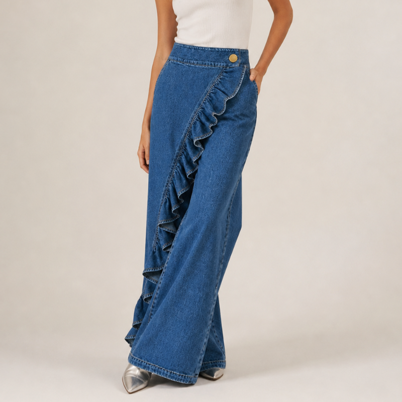 Wijde dames-jeansbroek met asymmetrische volant in culotte-stijl.