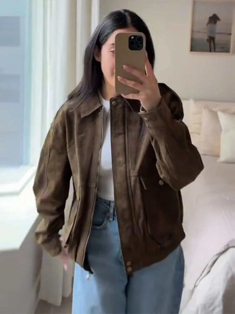 Suède Look Jas met Rits en Reverskraag