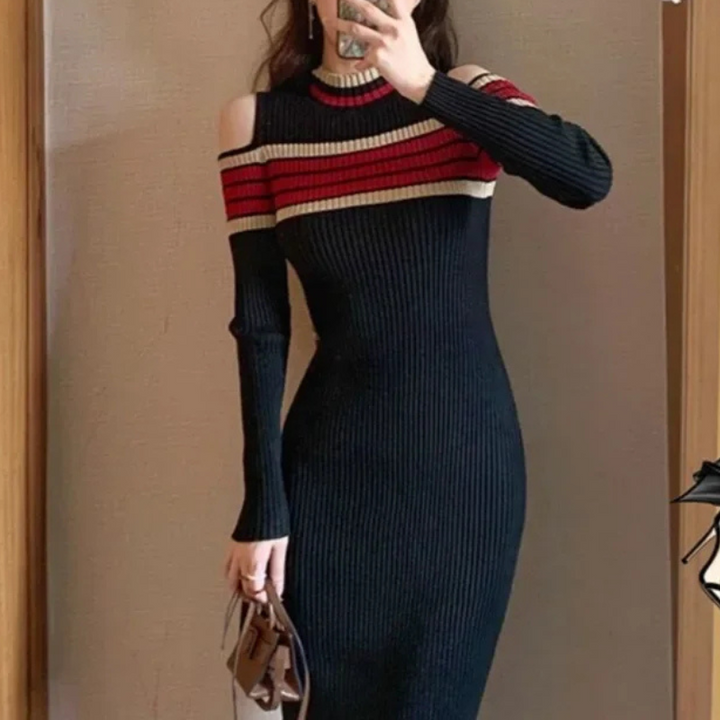 MoaLina - Ribgebreide Bodycon Jurk Met Open Been lange jurk open schouders open been lange mouwen strepen maxi jurk geribbeld