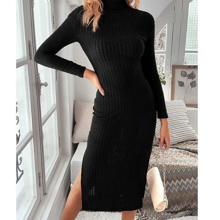 MoaLina - Slim-fit Coltrui Jurk Dames split open been coltrui lange mouwen