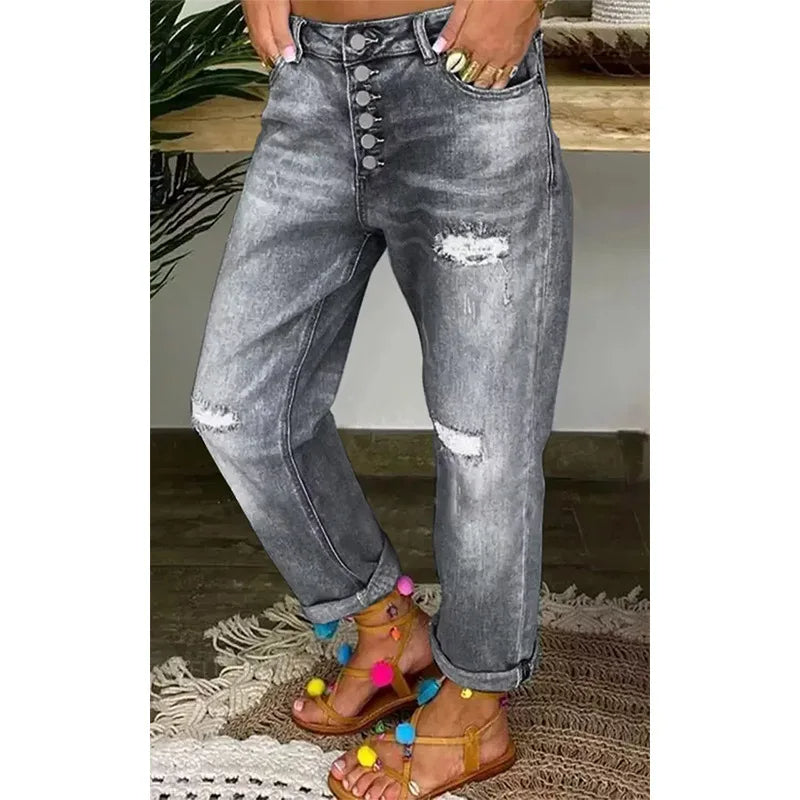 Low Waist Ripped Straight Leg Jeans voor Vrouwen
