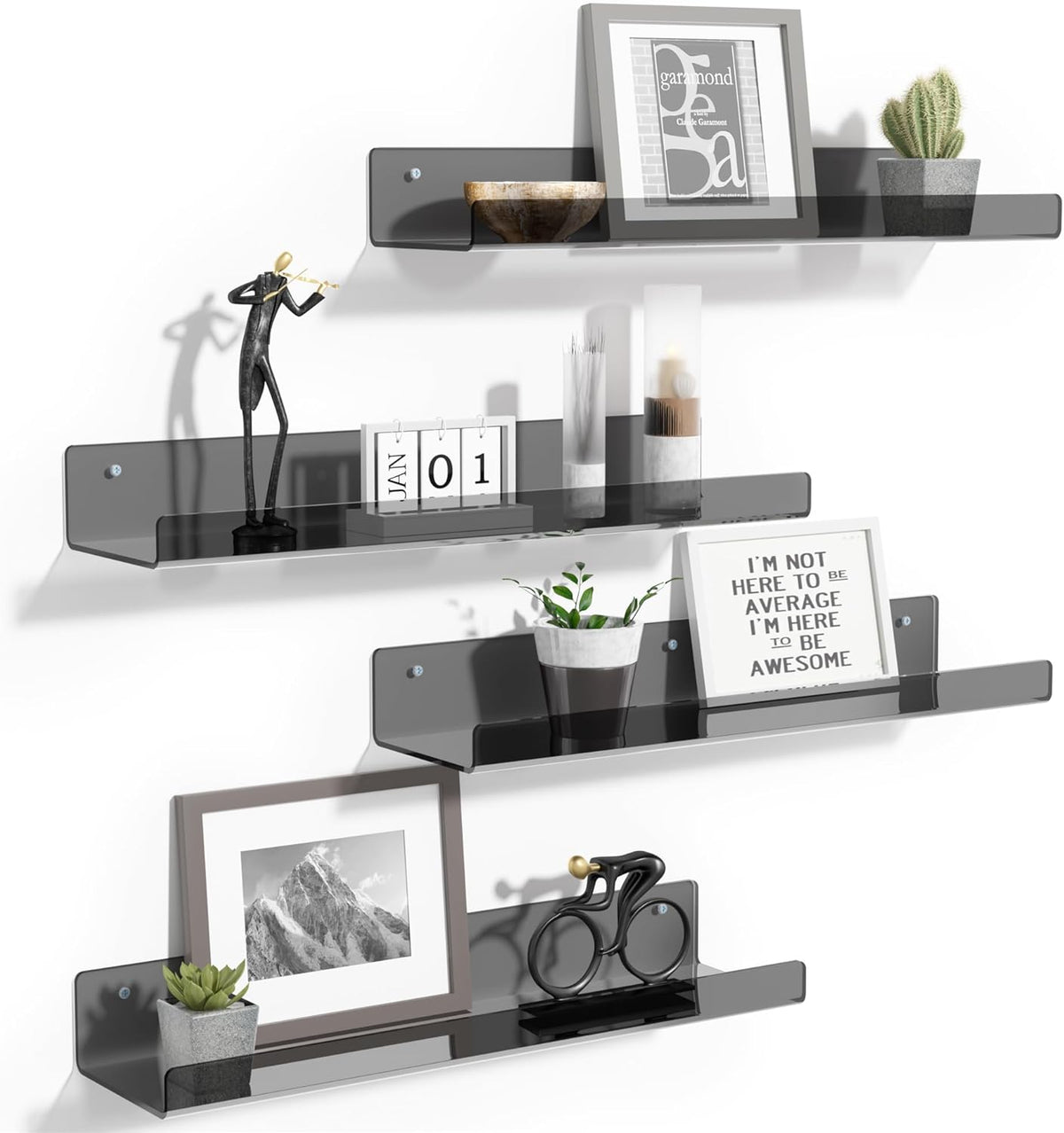 4-Pack Acryl Planken | 15” Zwevende Boekenplanken voor Wandopslag in Elke Kamer