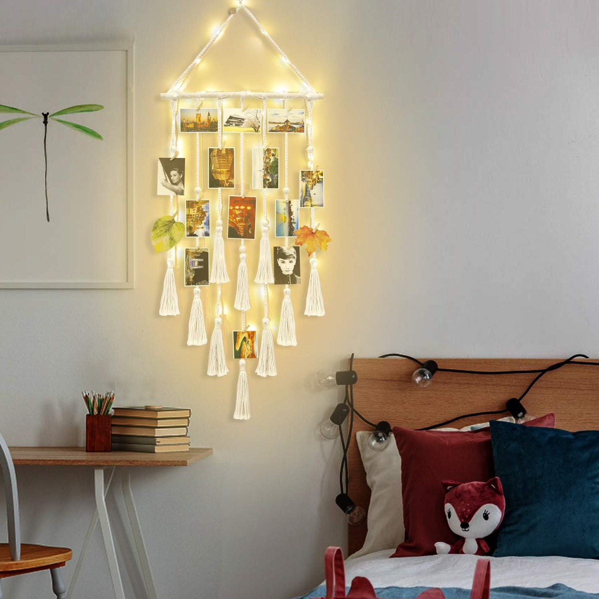 Homecor Macrame Foto Display met 30 Clips | Boho Muurdecoratie met Lichten - Foto Collage Bord voor Kamer & Feestdagen