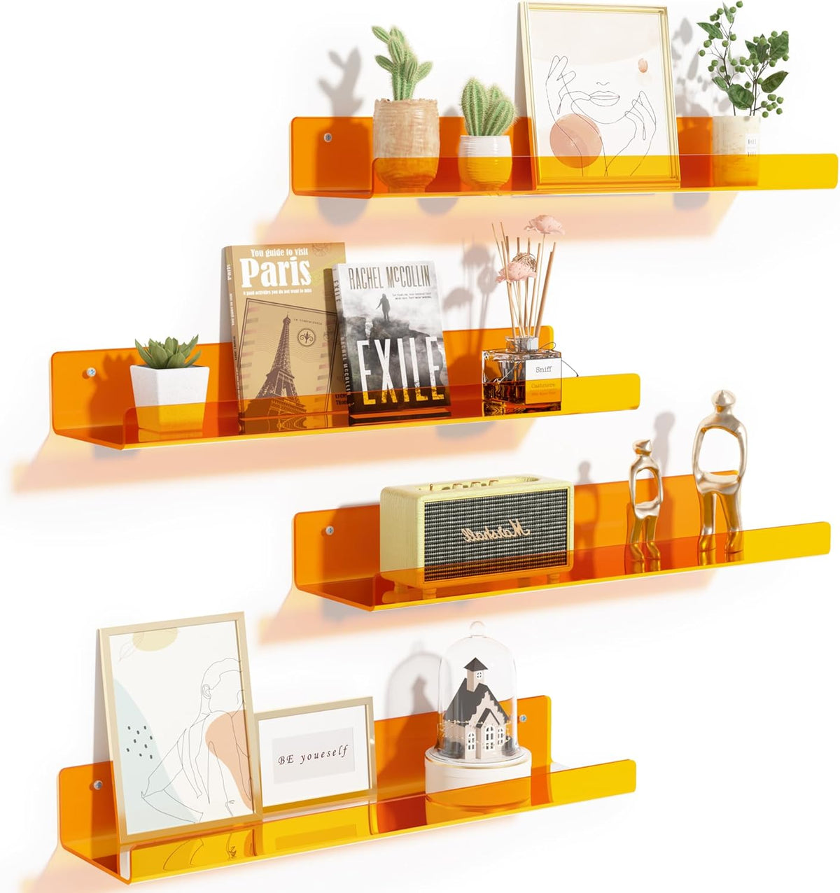 4-Pack Acryl Planken | 15” Zwevende Boekenplanken voor Wandopslag in Elke Kamer